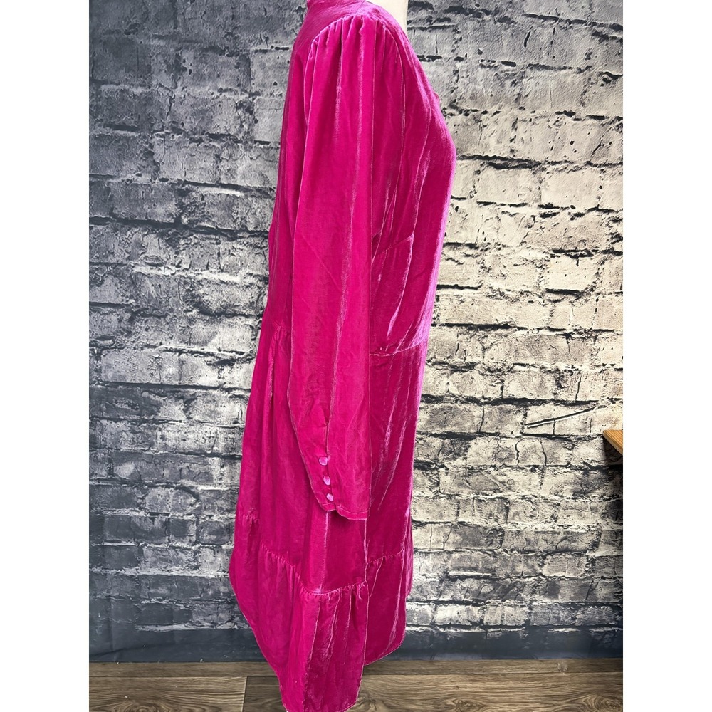 Boden Velvet Dress Womens Medium Pink Scoop Neck Long Sleeve Shift Midi Ruffle - Picture 3 of 16
